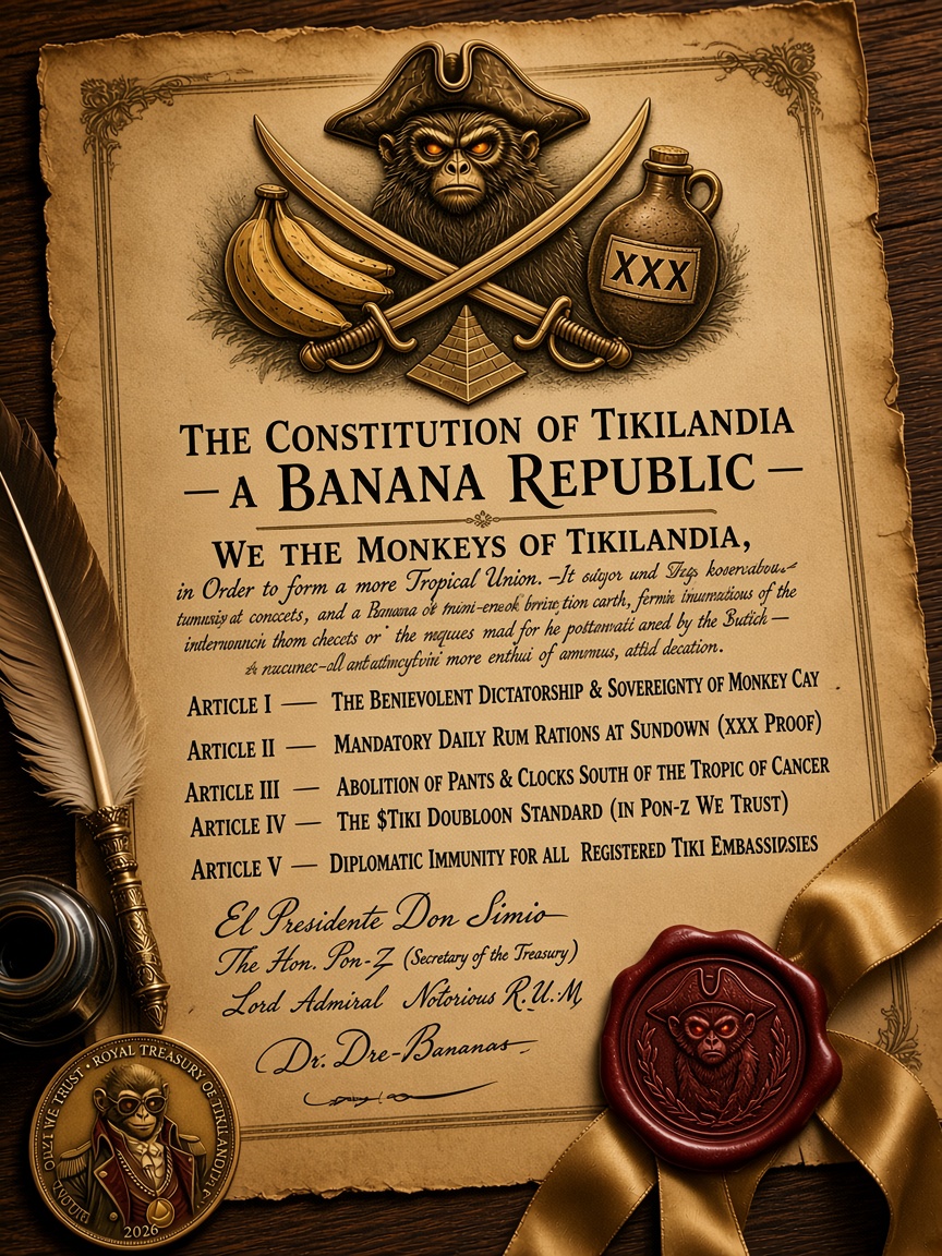 The Constitution of Tikilandia Parchment with 5 Articles and Crimson Wax Seal