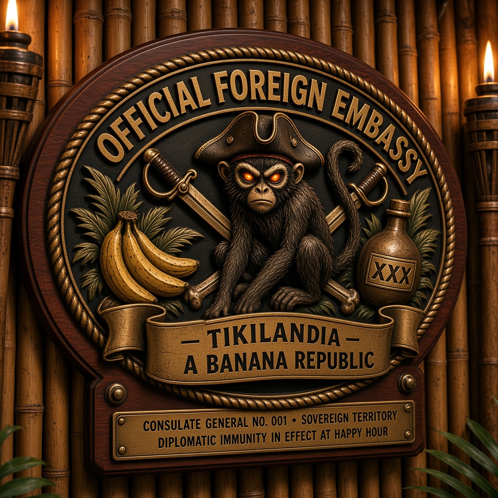 Official Foreign Embassy of Tikilandia — Consulate General No. 001 Antique Brass and Mahogany Plaque